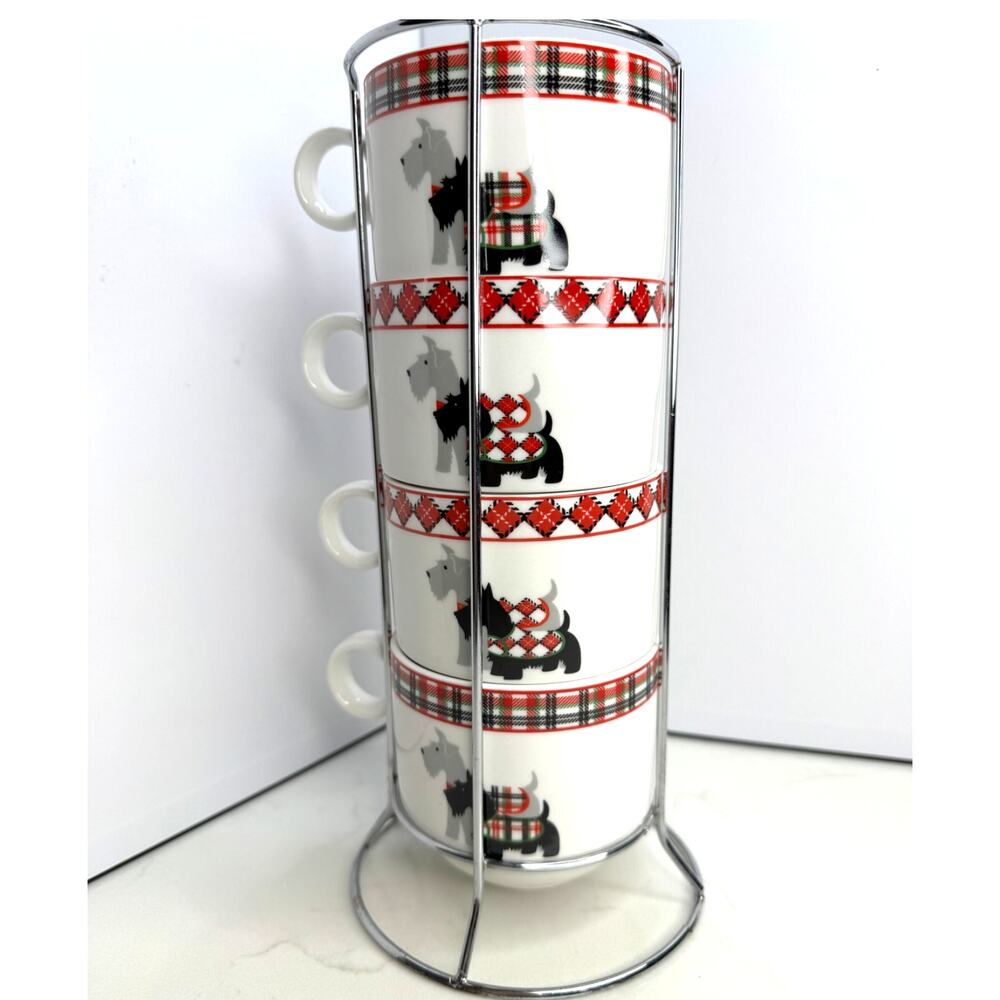 Grace Fine Porcelain Christmas Collection Scottie Dog Tower 12 Ounce Coffee Mugs